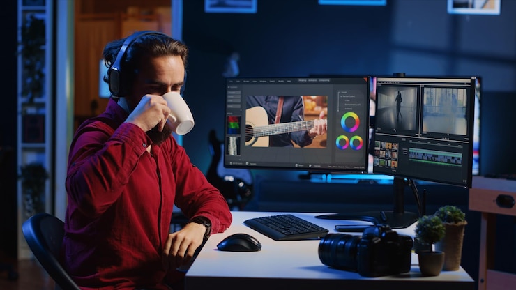 Foto gratuito videógrafo corrigiendo el color de los clips mientras escucha música en los auriculares