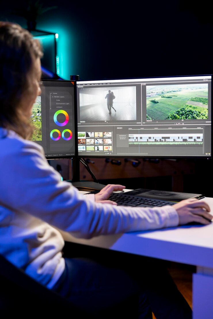 Foto gratuito videógrafo que opera sistemas y equipos de edición por computadora