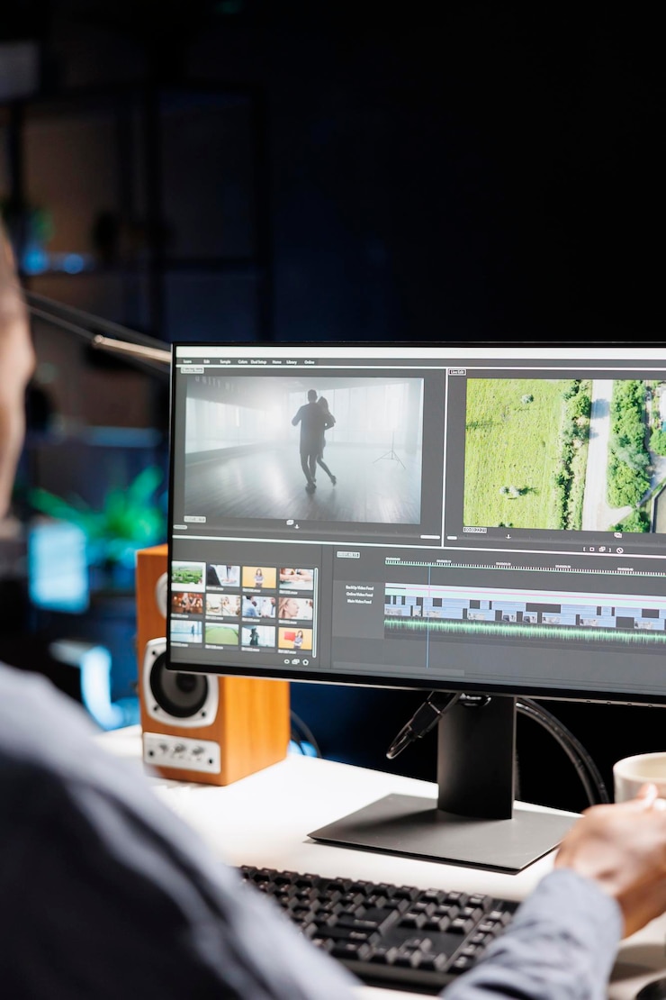 Photo Gratis videography specialist editing new movie clip for montage