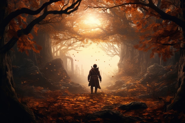 Foto gratuita videojuego mítico inspirado en el paisaje con el hombre y la naturaleza