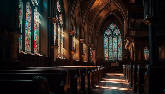 Una vidriera ilumina la historia antigua de una capilla gótica generada por IA