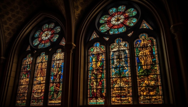 Foto gratuita una vidriera ilumina la historia antigua de una capilla gótica generada por ia