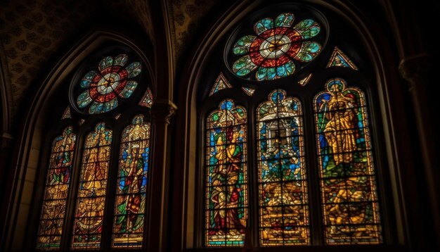 Una vidriera ilumina la historia antigua de una capilla gótica generada por IA
