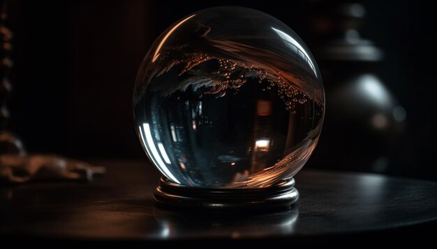 Vidrio brillante refleja bebida en mesa oscura generada por IA