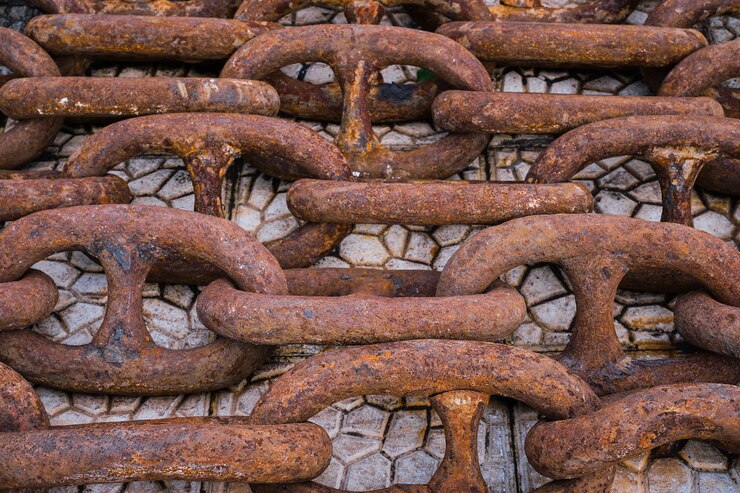 Foto gratuito vieja cadena de barco oxidada en la vista superior del muelle idea para el fondo el concepto de envío y reciclaje de materiales