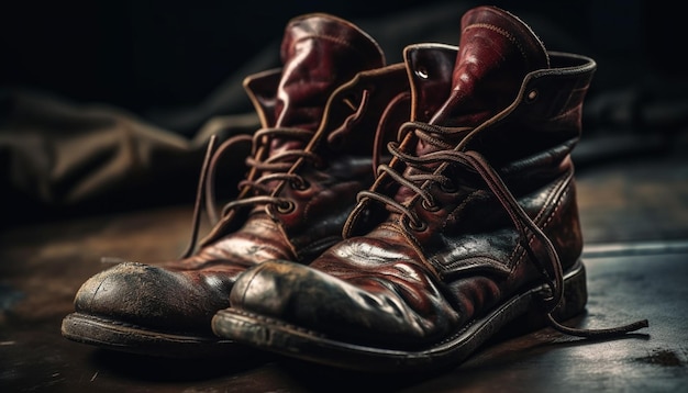 Foto gratuita viejas botas de cuero con cordones deshechos estilo rugoso generado por ia