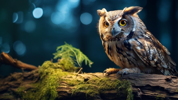 Un viejo búho de aspecto sabio sentado en una rama retorcida observando el paisaje nocturno de la selva