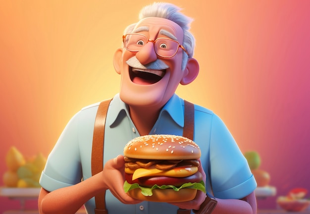 Foto gratuita un viejo de dibujos animados con una hamburguesa.