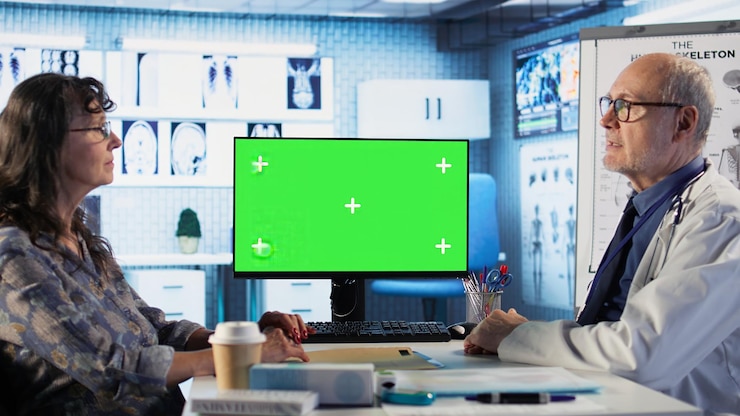 Foto gratuito el viejo médico generalista discute con la paciente junto a la pantalla verde