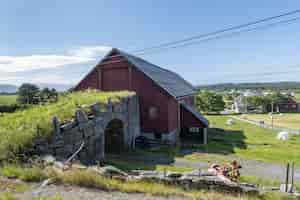 Foto gratuita viejo puente de piedra que conecta a un granero rojo rodeado de vegetación y árboles cortos en alesund, noruega