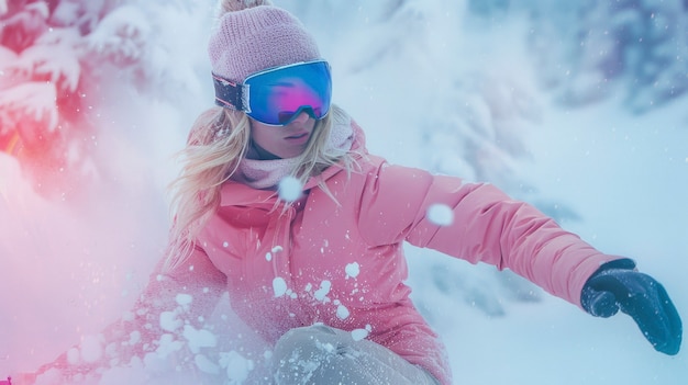 Foto gratuita view of woman snowboarding with pastel shades and dreamy landscape