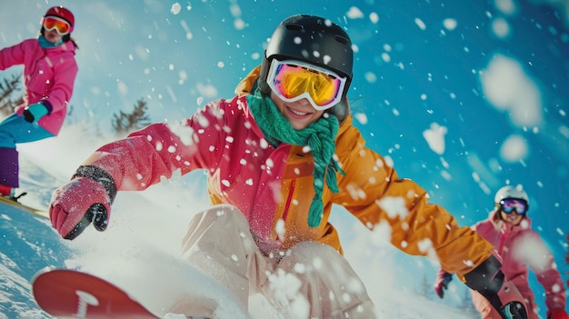 Foto gratuita view of woman snowboarding with pastel shades and dreamy landscape