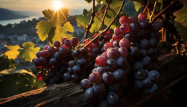 Viñedo de uva cosecha de otoño fruta madura vino refrescante colores vibrantes generados por inteligencia artificial
