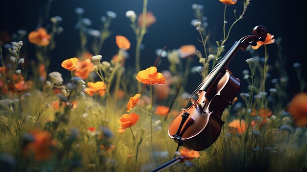 Un violín en una corona de flores.