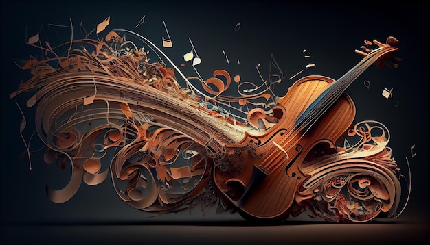 Violín de elegancia clásica sobre fondo ornamentado abstracto generado por IA