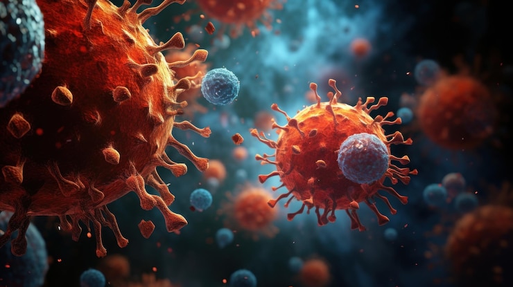 Foto gratuito los virus resaltados por tonos azules y rojos flotan en el espacio celular