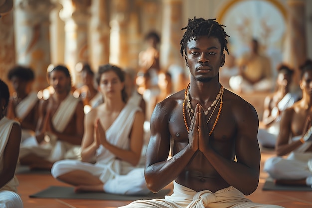 Visión delantera de hombres negros practicando yoga