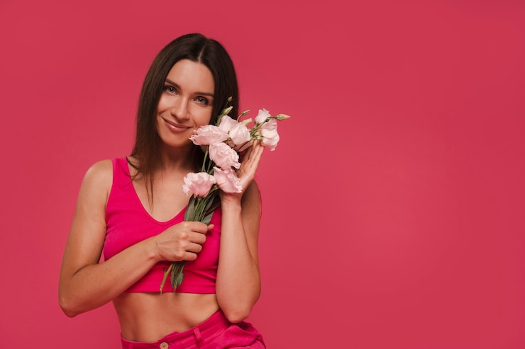 Foto gratuito visión delantera mujer posando con traje rosado