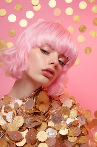 Visión frontal mujer posando con monedas