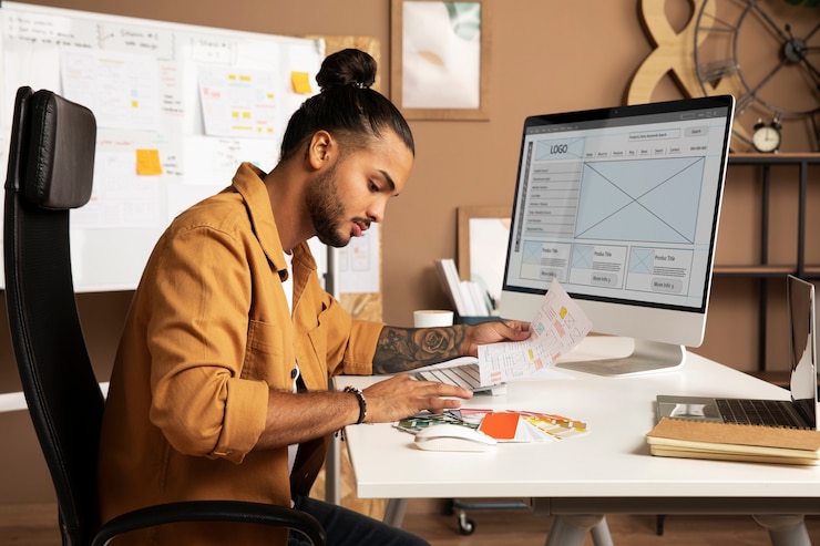 Foto gratuito visión lateral hombre trabajando en el escritorio