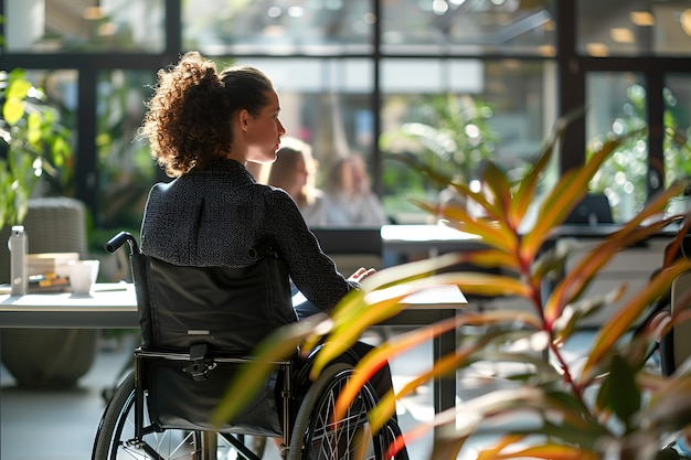 Foto gratuita visión lateral mujer en silla de ruedas trabajando