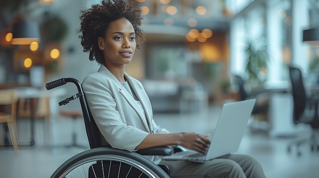 Visión lateral mujer en silla de ruedas en el trabajo