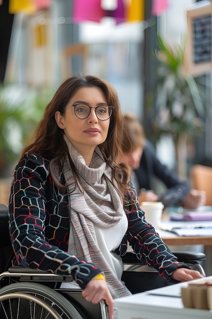 Visión lateral mujer en silla de ruedas en el trabajo