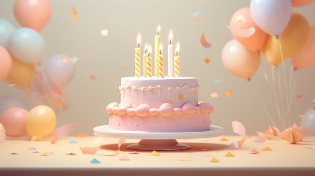 Foto gratuita vista 3d de un delicioso pastel con globos