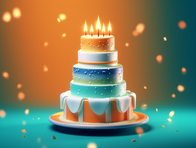 Foto gratuita vista 3d de un delicioso pastel con velas y confeti