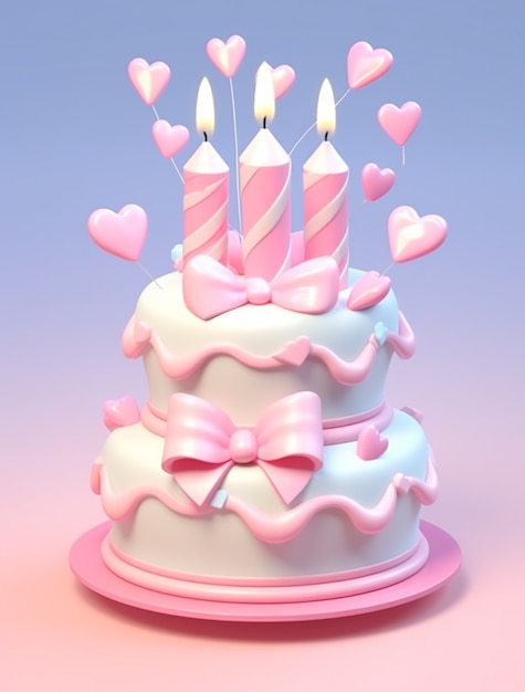 Foto gratuita vista 3d de un delicioso pastel con velas encendidas y corazones