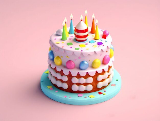 Vista 3D de un delicioso pastel con velas encendidas