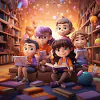 Foto gratuita vista, de, 3d, niños, en, el, biblioteca