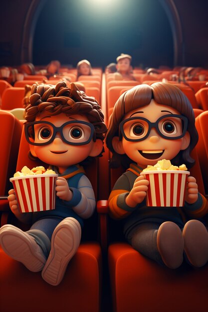 Vista en 3D de niños viendo una película en el cine