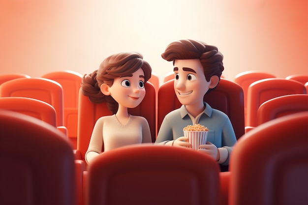 Vista en 3D de una pareja en el cine viendo una película