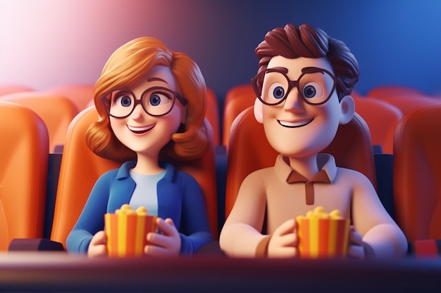 Vista en 3D de una pareja en el cine viendo una película