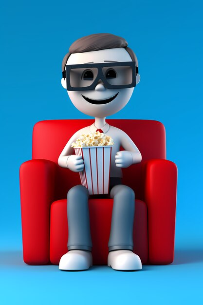 Vista de 3D persona en el cine con palomitas de maíz.