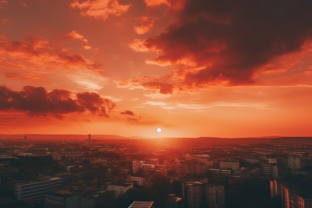 Vista 3D del sol en el cielo con el horizonte de la ciudad