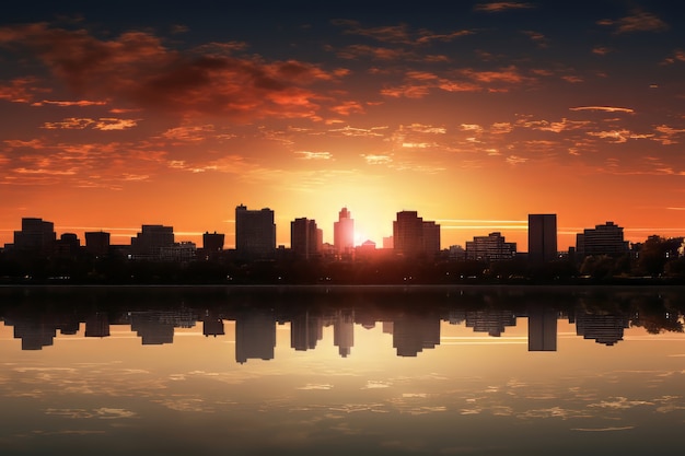 Vista 3D del sol en el cielo con el horizonte de la ciudad