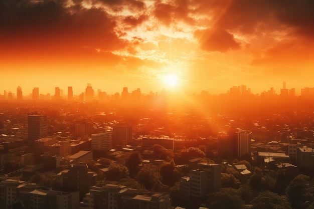 Foto gratuita vista 3d del sol en el cielo con el horizonte de la ciudad