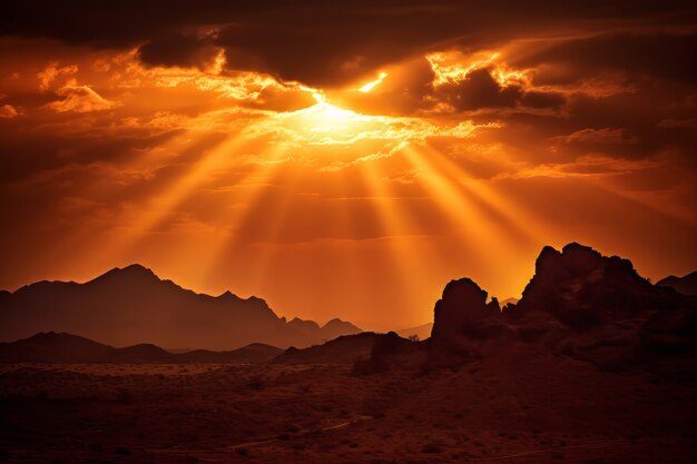 Vista 3D del sol en el cielo con paisaje natural.