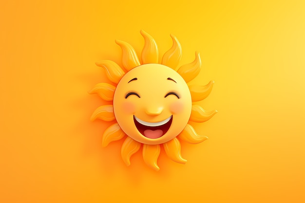 Vista de 3d sonriente y feliz sol con fondo amarillo