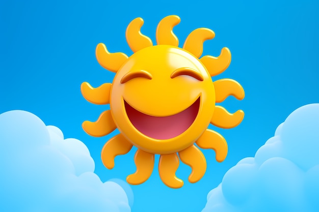 Foto gratuita vista de 3d sonriente y feliz sol con fondo de cielo