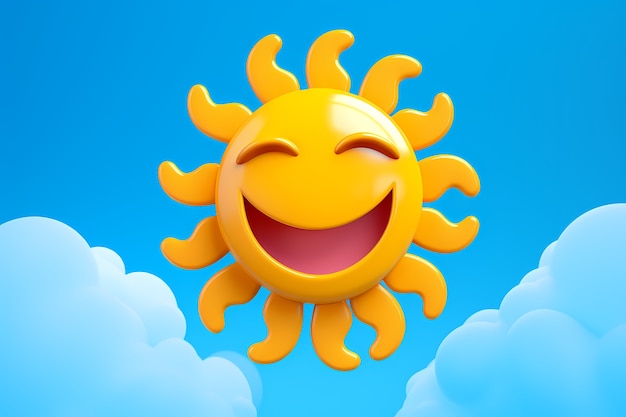 Vista de 3d sonriente y feliz sol con fondo de cielo