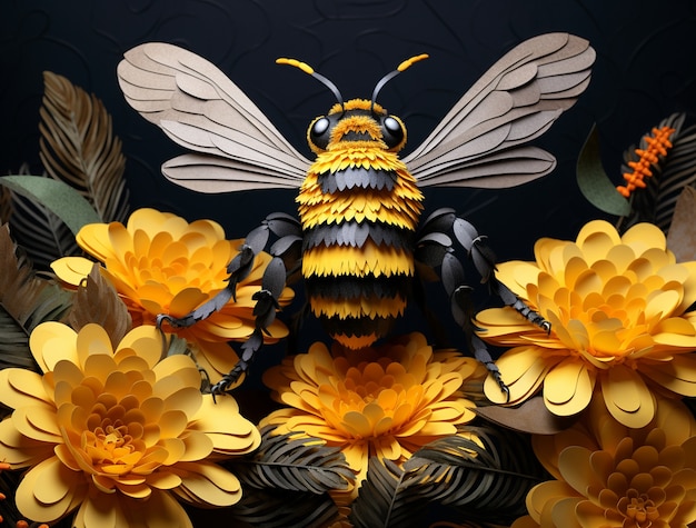 Foto gratuita vista de abeja 3d con flores.