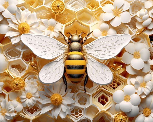 Vista de abeja 3d con flores.