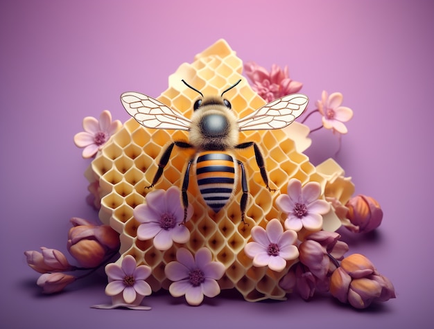 Foto gratuita vista de abeja 3d con flores.