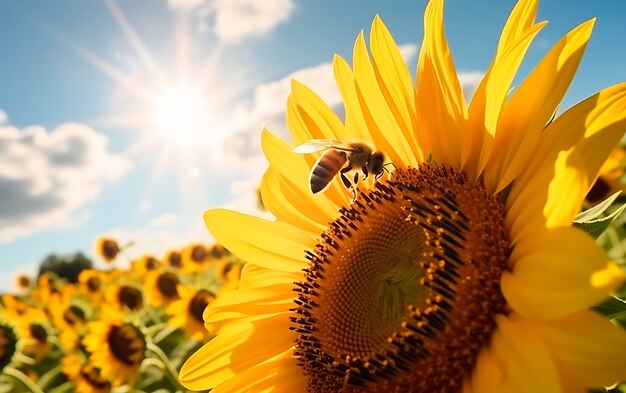 Vista de la abeja en el girasol