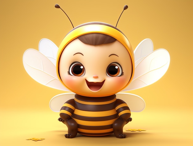 Vista de la abeja del personaje de dibujos animados en 3D