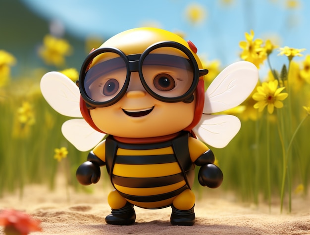 Vista de la abeja del personaje de dibujos animados en 3D