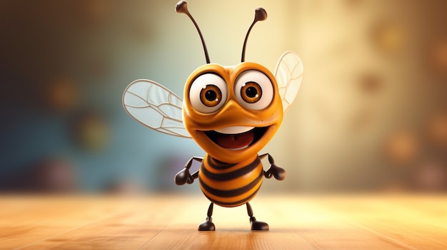 Vista de la abeja del personaje de dibujos animados en 3D